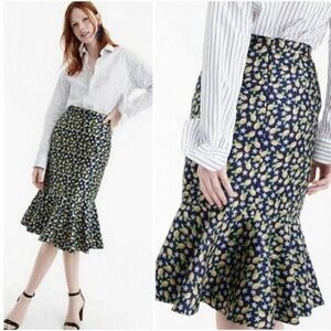 J Crew Jacquard Lemon Print Trumpet Flounce Midi Skirt Floral Navy Yellow Sz 4